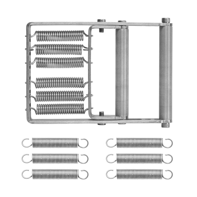 The Adjustable Forearm Heavy Trainer by Bells of Steel USA is a metal hand grip strengthener featuring multiple steel springs for progressive resistance, shown here with six detached replacement springs on a white background for customizable training.