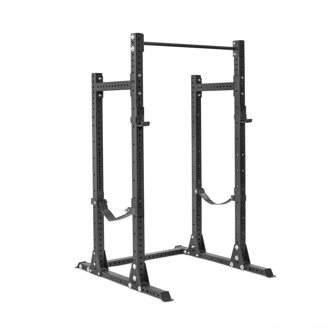 The Bells of Steel Hydra Half Rack - Prebuilt features 3" x 3" uprights, ⅝" holes, a pull-up bar, and safety straps—ideal for weightlifting and strength training in your home gym.
