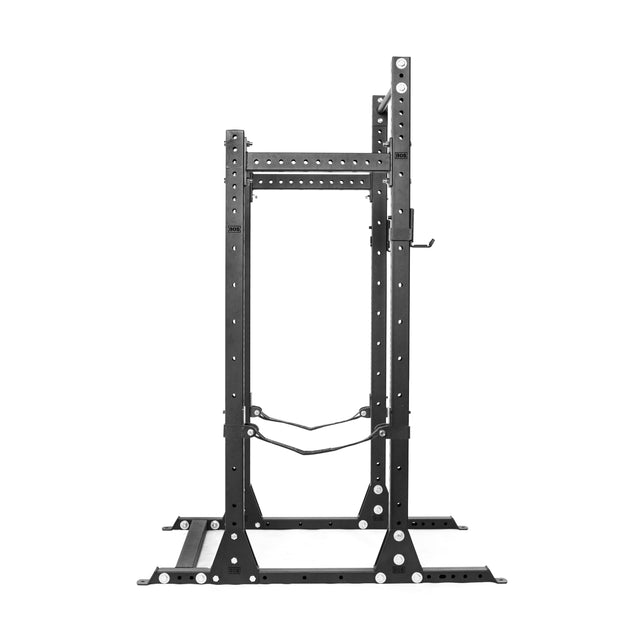 The Bells of Steel Hydra Half Rack - Prebuilt features sturdy 3"x3" uprights with ⅝" holes for adjustable attachments and a front pull-up bar, making it perfect for weightlifting and strength training in your home gym.