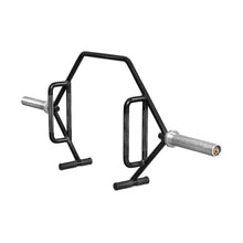The Bells of Steel Open Trap Bar / Hex Bar in black, featuring elevated handles and silver loading sleeves, is displayed against a white background for strength training exercises like deadlifts and shrugs.
