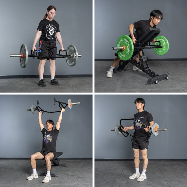 A collage of four photos shows two people performing front raises, incline rows, shoulder presses, and biceps curls with the Bells of Steel Open Trap Bar/Hex Bar against a plain gray wall background.
