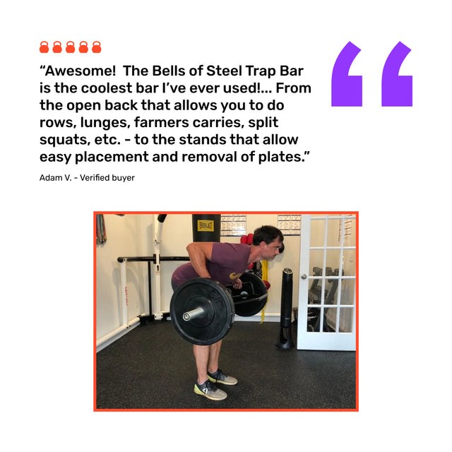 A man lifts a loaded Open Trap Bar / Hex Bar in his home gym. Above, a review praises the Bells of Steel bar’s versatility, easy plate loading, and smooth-rotating sleeves.