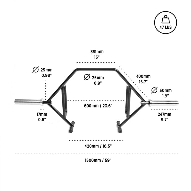 Diagram of the Bells of Steel Open Trap Bar / Hex Bar showing handle width, sleeve length, rotating sleeve diameter, and overall length labeled in mm and inches; features a weight icon displaying 47 lbs.