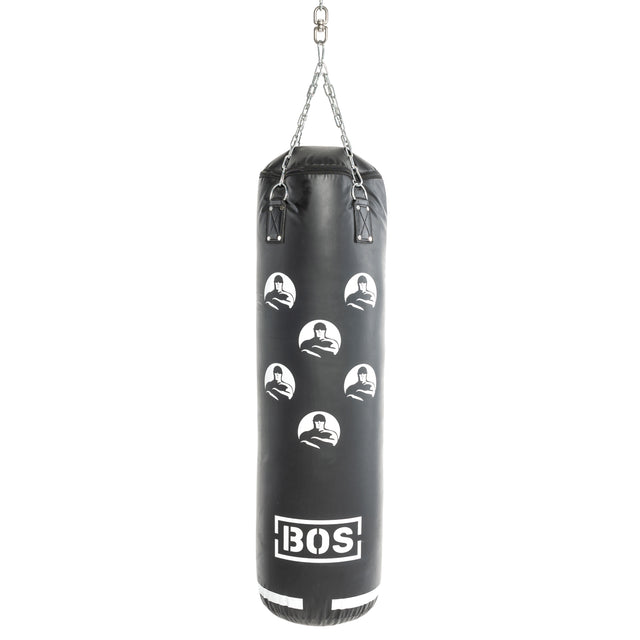 The Bells of Steel USA Heavy Bag Set in black features white target graphics and "BOS" at the bottom, hanging from a chain—a great choice for Combat Sports training.