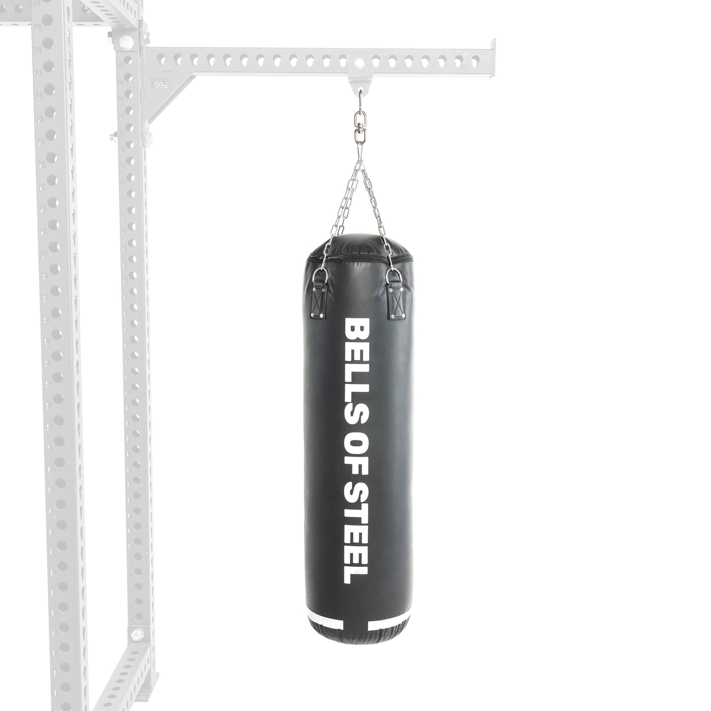 The Bells of Steel USA Heavy Bag Set, a black heavy bag suspended by chains from a metal frame, is ideal for combat sports training and shown against a white background.