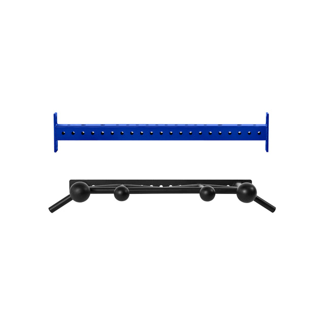The Bells of Steel USA Colored Globe Pull up Bar includes a blue metal bar with evenly spaced holes and a black pull-up attachment featuring multiple grip positions and spherical grips, both shown on a white background.