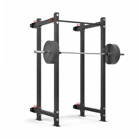 The Roc Foldable 4 Post Cage by Bells of Steel is a black power rack featuring modular components with red accents, ⅝" adjustment holes, and comes with a barbell set perfect for weightlifting and strength training in an open ecosystem.