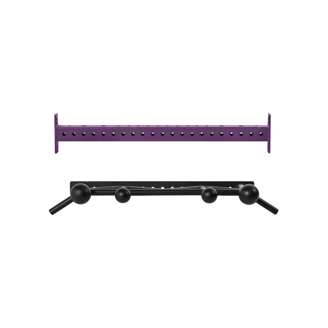 A Bells of Steel USA Colored Globe Pull up Bar with multiple spherical grips sits below a purple metal bar with evenly spaced holes, both set against a white background.