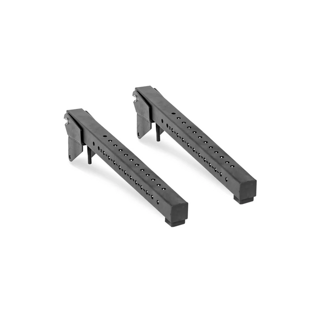 Two Bells of Steel Lever Arms Rack Attachments in black metal, featuring multiple height-adjustment holes, are side by side on a white background—space-efficient additions for your gym setup.