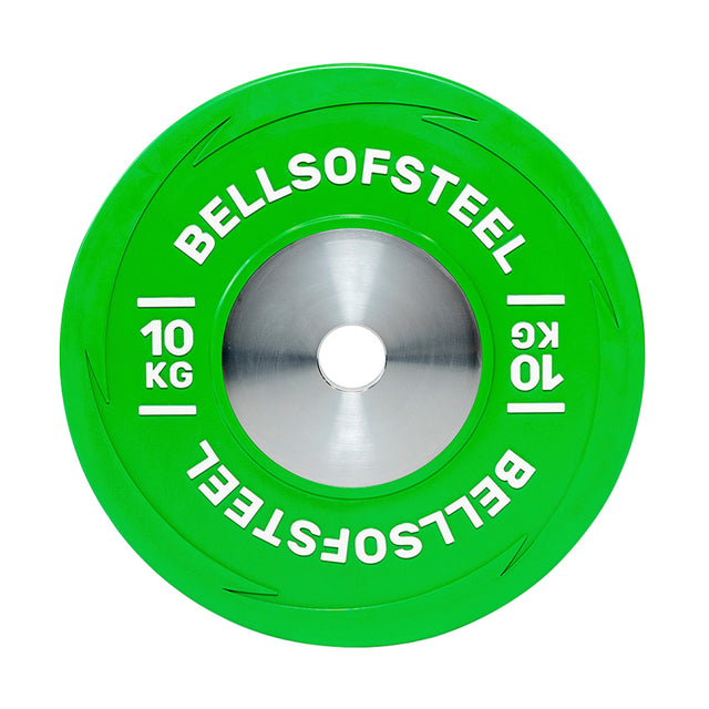 A green 10 kg Boltless KG Competition Bumper Plate by Bells of Steel, displaying “BELLSOFSTEEL” and “10 KG” in white plus a metallic hub, meets Olympic weightlifting IWF specs for elite training.