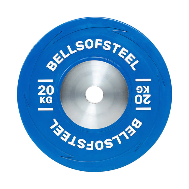 The Boltless KG Competition Bumper Plate by Bells of Steel is a blue plate built to IWF specs, labeled "Bells of Steel" and "20 KG" in white, featuring a metallic silver center ring, and viewed from above—ideal for Olympic weightlifting.