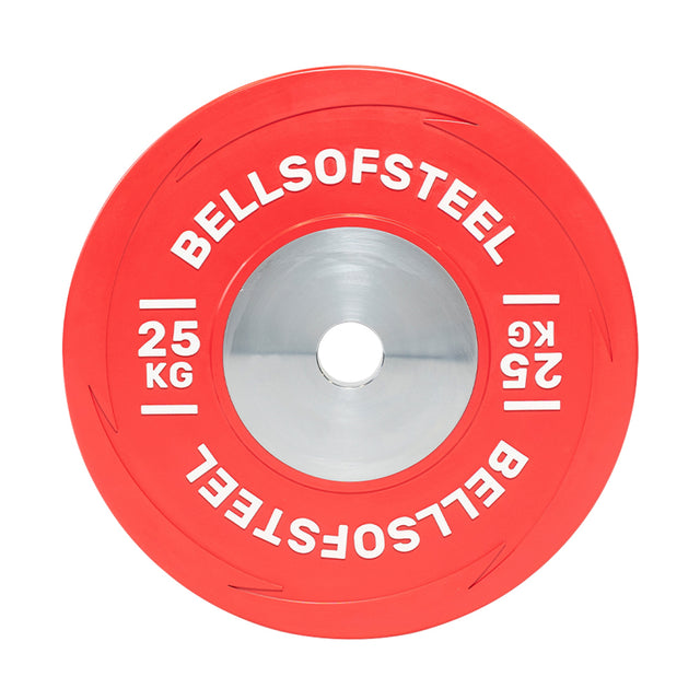A red 25 kg Boltless KG Competition Bumper Plate by Bells of Steel, featuring white branding around the center and edges, meets IWF specs for Olympic weightlifting and is viewed from above on a white background.