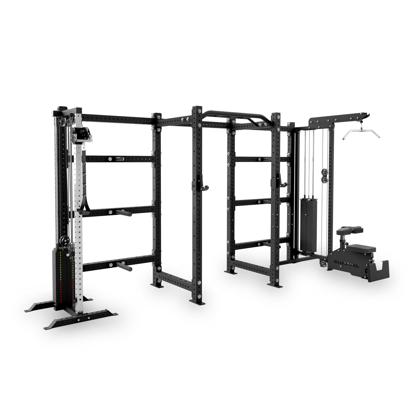 The Kolossyem Rack by Bells of Steel USA is a large black all-in-one home gym with a power rack, cable pulley system, pull-up bar, and lat pulldown attachment, shown against a white background.