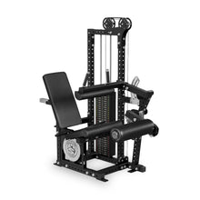 The Basilisk Stack Loaded Leg Extension / Leg Curl by Bells of Steel USA is a black gym machine with padded seat, backrest, and leg support, a 310 lb weight stack, pulleys, and levers for leg extension and curl exercises.