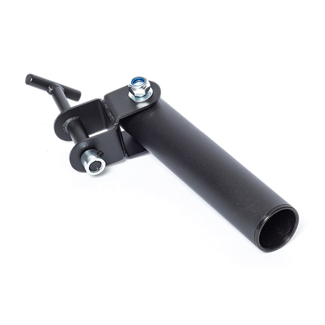 The Bells of Steel Landmine Rack Attachment is a black metal bracket with a cylindrical tube, clamp, and bolt for holding objects like an Olympic barbell during strength workouts, shown against a white background.