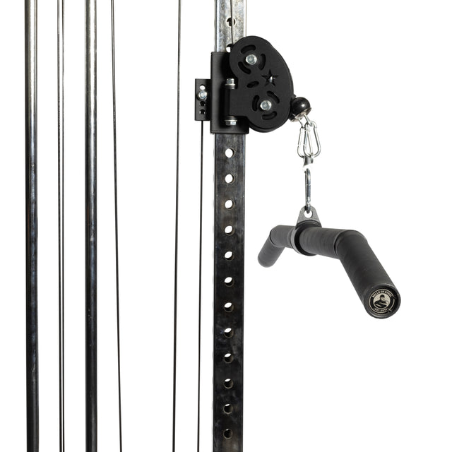 Close-up of the Bells of Steel Fat Bar - Lat Pulldown Bar attachment secured to a cable machine. The short, black, rubber-coated handle is designed to enhance grip strength during workouts.