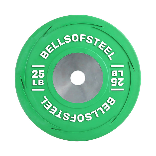 The Boltless LB Competition Bumper Plate by Bells of Steel is a green 25 lb plate with the brand name printed in white around the center, ideal for Olympic lifting and built to IWF specs.