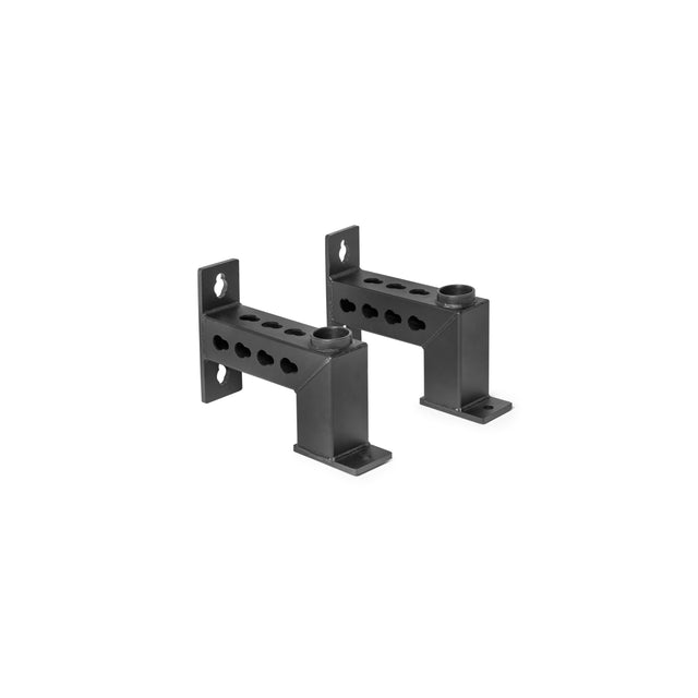 Two Bells of Steel Front Foot Stabilizers in black metal with multiple holes for adjustable mounting, perfect for securing power rack accessories or barbell storage, each with a rectangular base and upright support.
