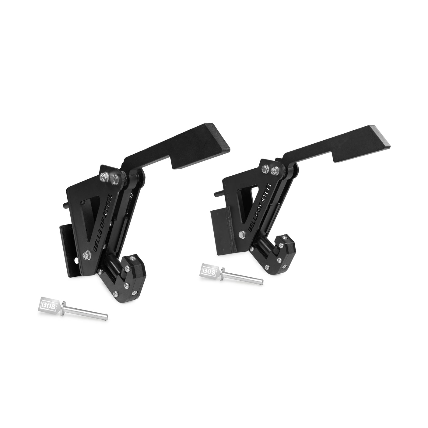 The Bells of Steel Monolift Rack Attachment includes two black metal brackets with angular arms, flat flaps, and silver keys labeled "305," ideal for space-saving mounting or adjustment.