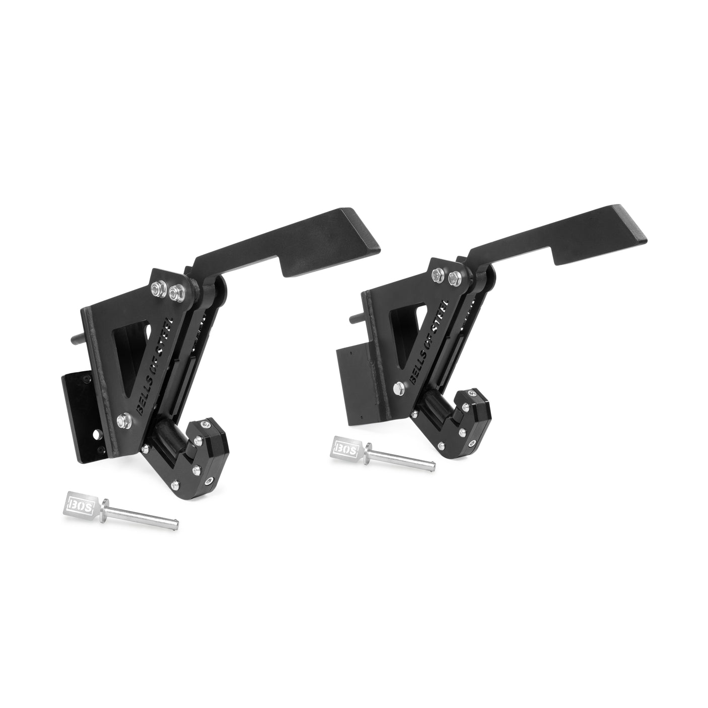 Two Bells of Steel Monolift Rack Attachments, black metal with angled levers and silver locking pins labeled "305," feature a space-saving design and are displayed on a white background.