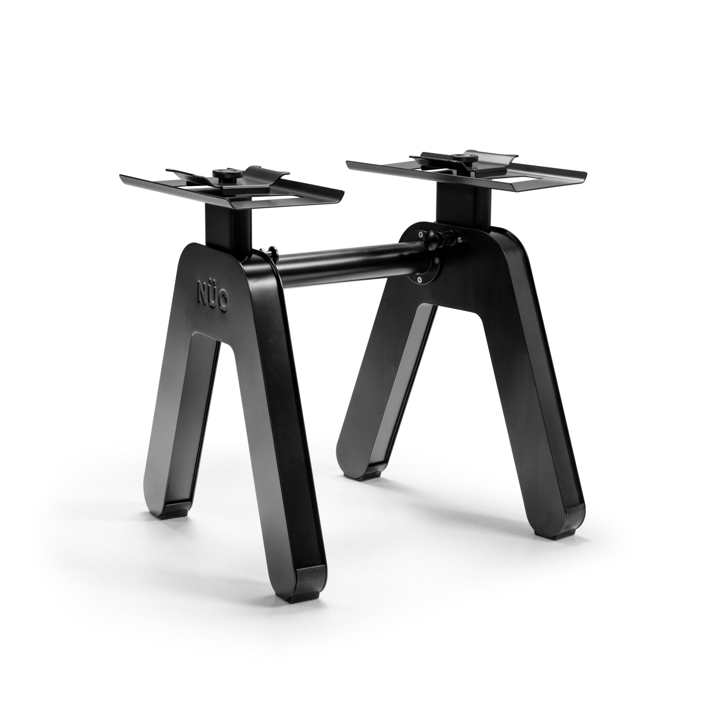 The Bells of Steel USA NÜOBELL-S Floor Stand features a sturdy black metal A-shaped base with two flat mounting plates and a horizontal bar, offering modern support for tabletops or adjustable dumbbell storage.