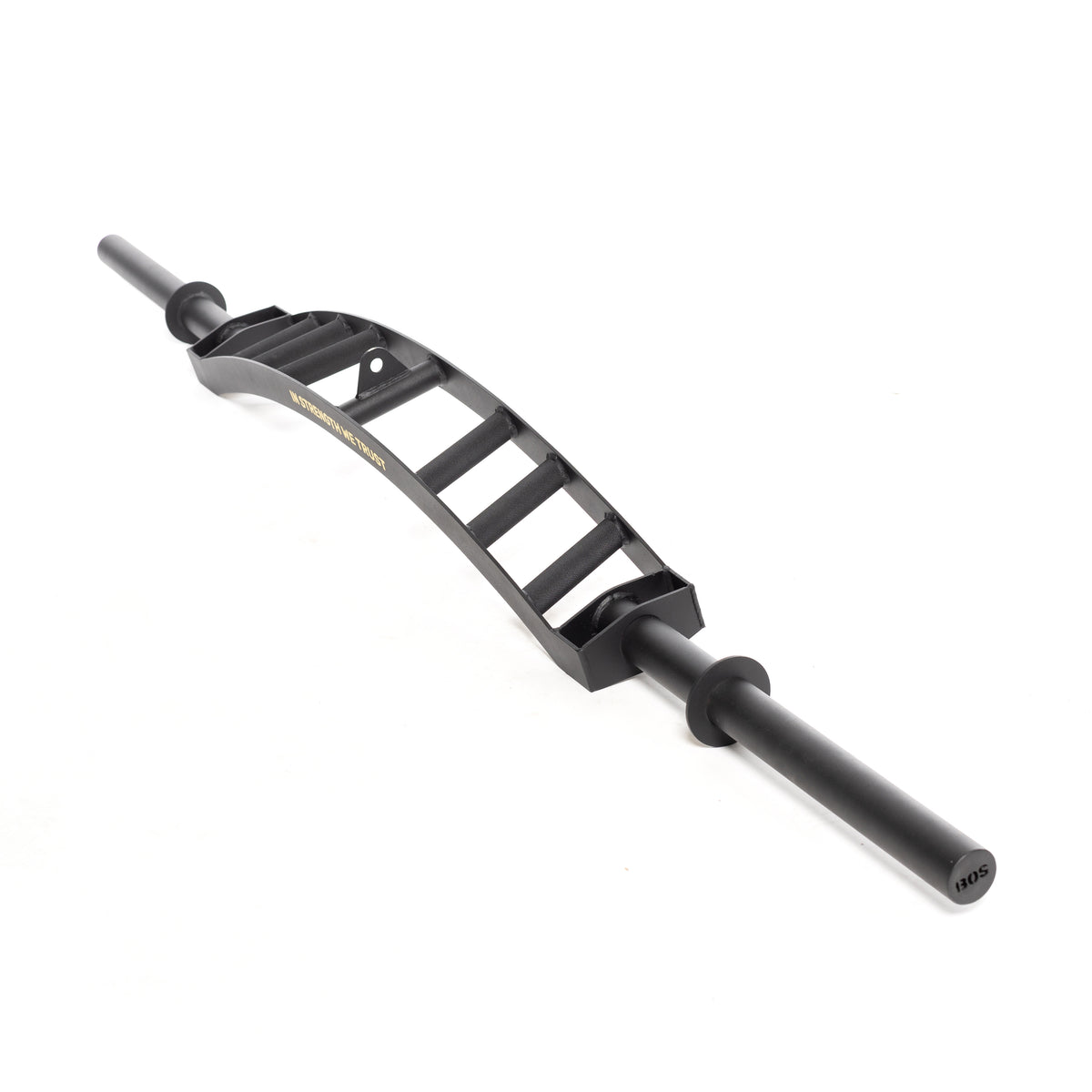 The Bells of Steel Omni Bar is a curved black bar with a rackable length, multiple horizontal grip handles at the center, knurled grips, and cylindrical sleeves at each end, shown on a white background.