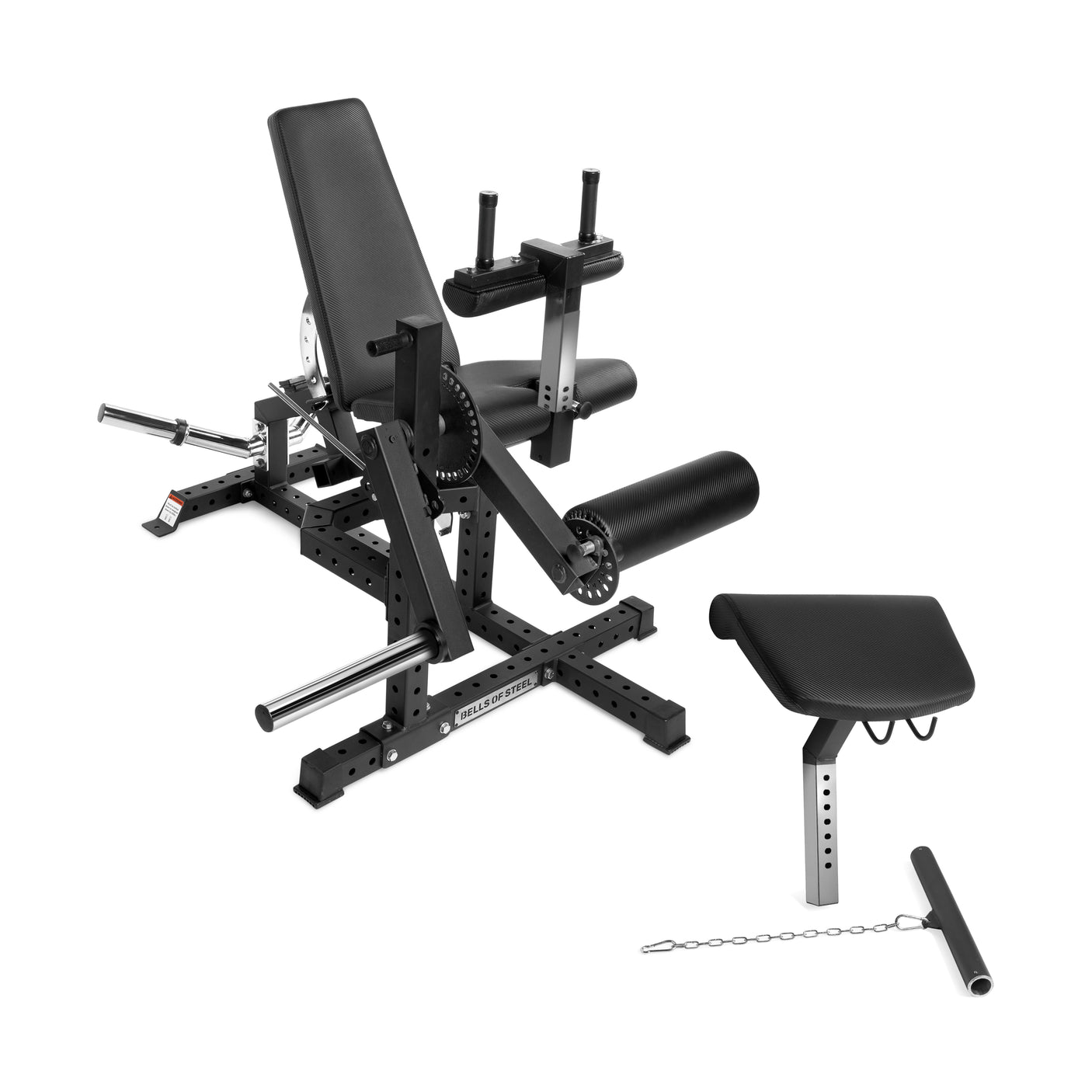 The Bells of Steel USA Legacy Leg Extension / Hamstring Curl Machine—Plate Loaded—is shown on a white background, ideal for home gyms and featuring attachments for leg extensions and curls, plus a preacher curl pad and barbell holder.