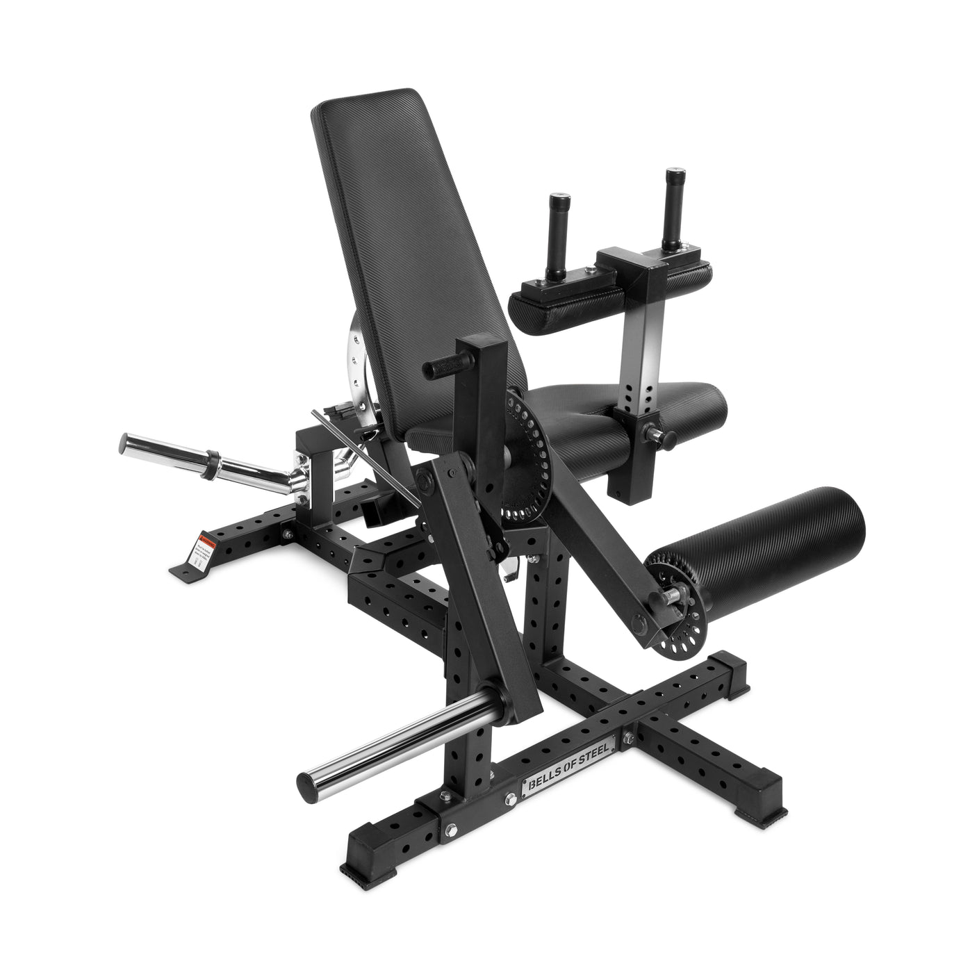 The Bells of Steel USA Legacy Leg Extension / Hamstring Curl Machine is a black plate-loaded unit with padded seat, backrest, and rollers. Designed for home strength training, it features a sturdy metal frame with foot and handle attachments.