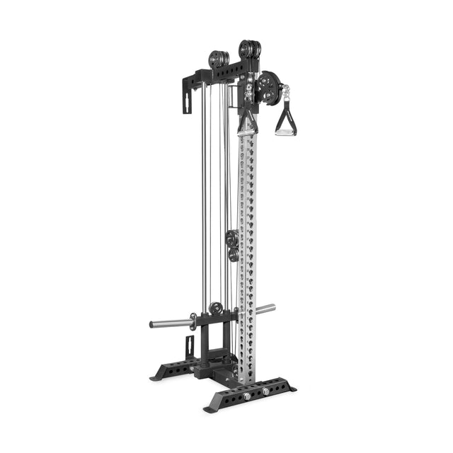 The Bells of Steel USA Oblivyon Tower - 3" x 3” Cable Tower features an adjustable-height pulley, sturdy metal frame, weight stack, and handles—ideal for strength and resistance training in any gym or home gym.