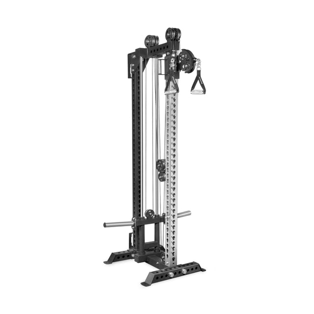 The Bells of Steel USA Oblivyon Tower - 3" x 3” Cable Tower is a freestanding, adjustable strength training station with weight plate holders and handles, featuring a black and silver metal finish—ideal for any home gym.