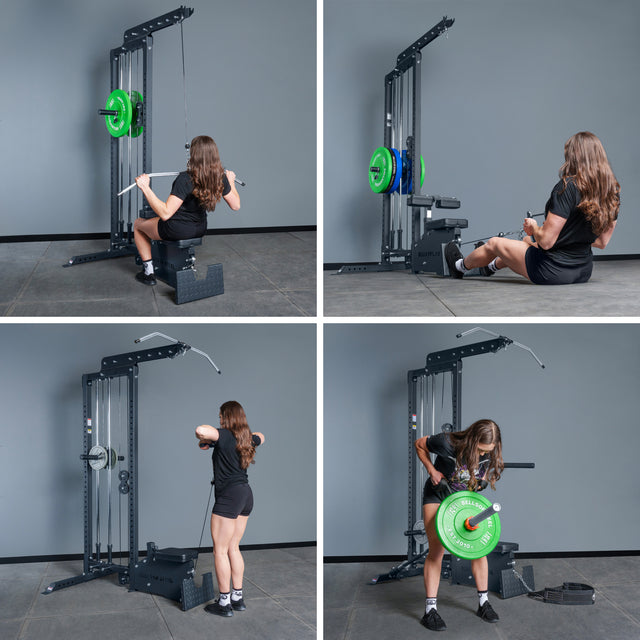 A woman with long brown hair in black attire demonstrates lat pulldown, seated row, face pull, and bent-over row exercises using the Bells of Steel Lat Pulldown Low Row Machine, which features striking green weight plates.