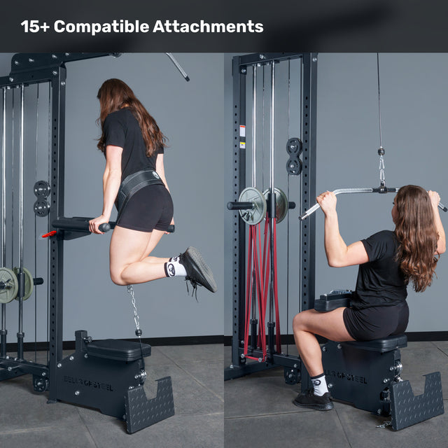 Split image: on the left, a woman does weighted pull-ups with a dip belt; on the right, she uses the Bells of Steel Lat Pulldown Low Row Machine. Text above reads, "15+ Compatible Attachments.