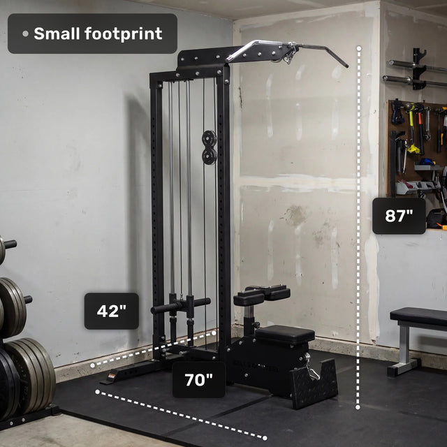 The Bells of Steel Lat Pulldown Low Row Machine with selectorized stack resistance is shown in a garage, measuring 42" W x 70" L x 87" H. A "Small footprint" label highlights its compact size; weight plates and tools are nearby.