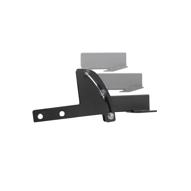 The Bells of Steel USA 3x3 Cable Tower to Rack Connection Kit includes a black metal bracket with three bolts and two semi-transparent gray blocks, perfect for connecting your equipment to the Manticore rack. Shown isolated on a white background.