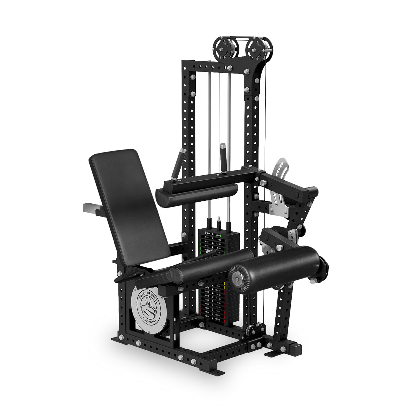 The Bells of Steel USA Basilisk Stack Loaded Leg Extension / Leg Curl is a black machine with adjustable seat and backrest, 310 lb stack, padded rollers, and cables for versatile strength training exercises.