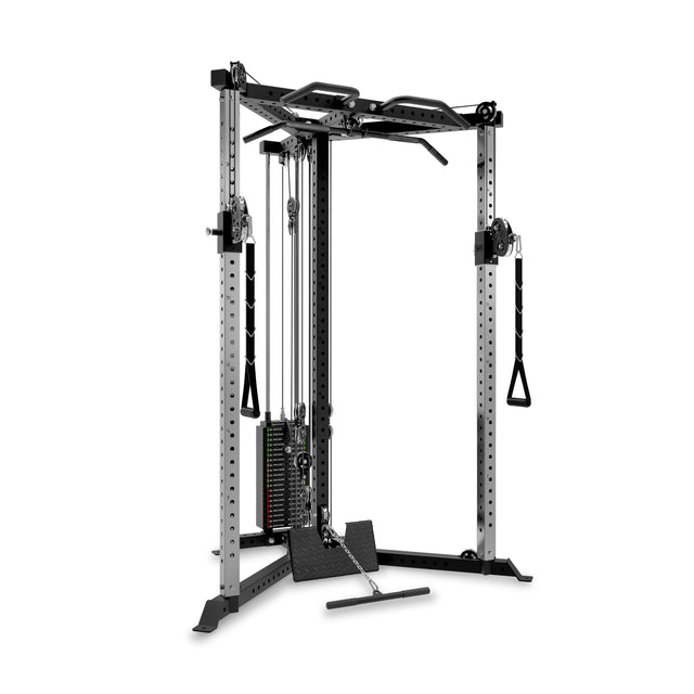 The Bells of Steel All-in-One Trainer features adjustable pulleys, weight stacks, pull-up bars, and multiple handles—ideal for strength training and resistance workouts in any home gym.