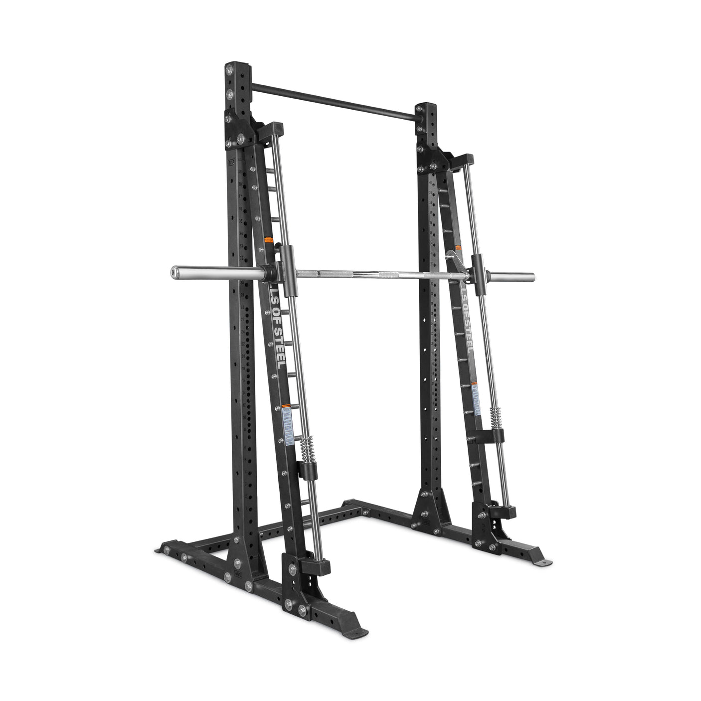 The Bells of Steel USA Smith Machine - Hydra (3" x 3", ⅝" Holes) features black steel construction, a pull-up bar, adjustable safety catches, and a fixed barbell—ideal for weightlifting and strength training.
