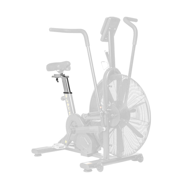 The Blitz Air Bike Seat Adjustment Assembly from Bells of Steel USA is shown in full color on a faded Blitz Air Bike, highlighting its black adjustable seat and new adjustment mechanism.