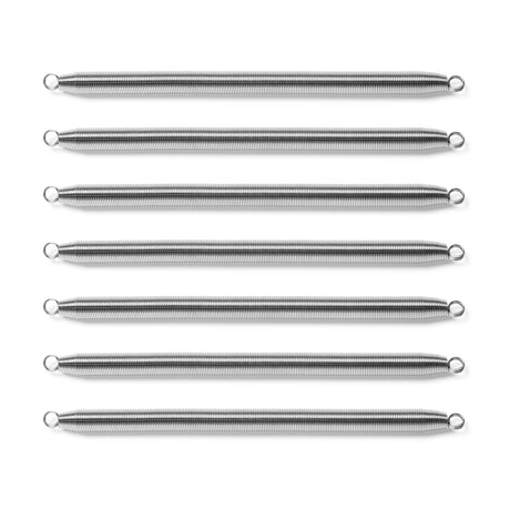 Eight identical Chest Expander Replacement Springs by Bells of Steel USA are arranged in parallel rows on a white background, each featuring circular loops at both ends—ideal for replacing old springs in your chest expander.
