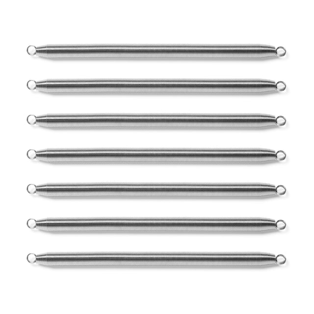Eight identical Chest Expander Replacement Springs by Bells of Steel USA are arranged in parallel rows on a white background, each featuring circular loops at both ends—ideal for replacing old springs in your chest expander.