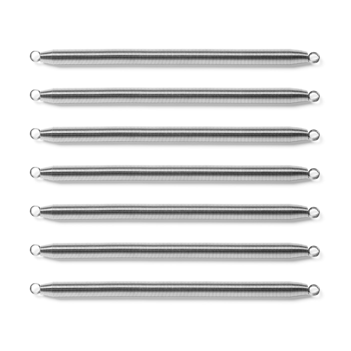 Eight identical Chest Expander Replacement Springs by Bells of Steel USA are arranged in parallel rows on a white background, each featuring circular loops at both ends—ideal for replacing old springs in your chest expander.