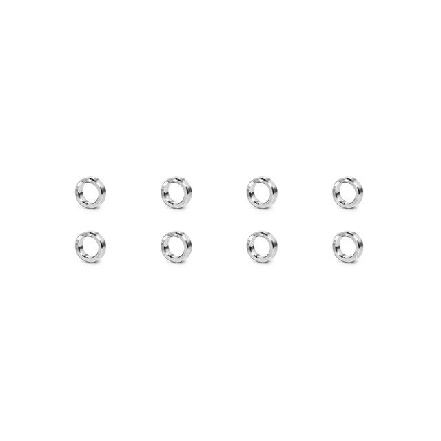 Eight Hydra Hardware washers from Bells of Steel are arranged in two rows of four on a white background—perfect for use with Concrete Anchor Bolts or Smith Machine Flat Foot Adapters.