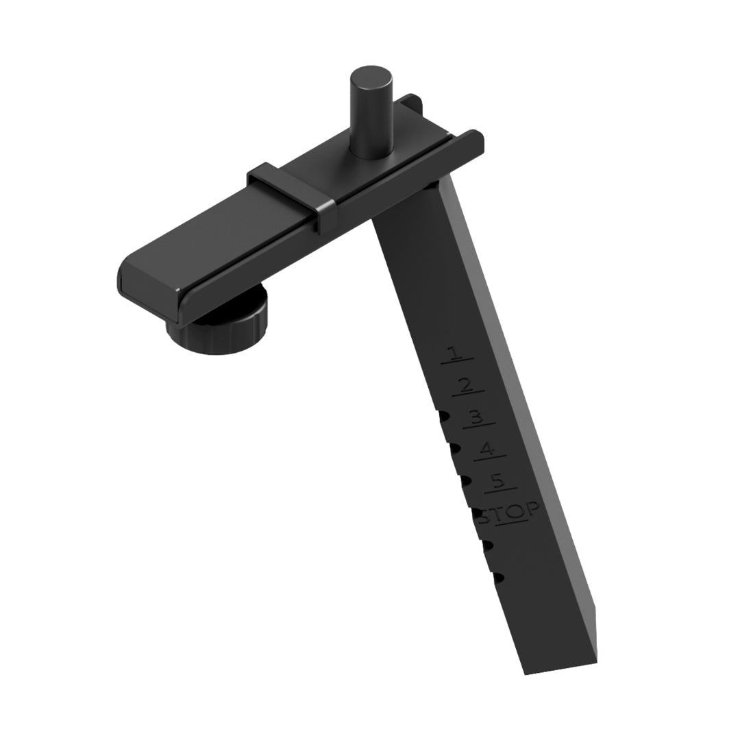 The Bells of Steel USA Tall Cycling Bike Seat Post features a black adjustable design with a flat arm, vertical pin, numbered slanted edge, tightening knob, and notched measurements—ideal as a bike seat extender for the Blitz Indoor Cycling Bike.