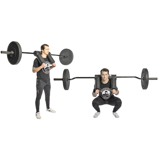 Two images show a man using the Bells of Steel USA Specialty Bar Bundle: in one, he stands holding the padded bar on his shoulders; in the other, he squats, keeping the Specialty Bar steady on his shoulders.
