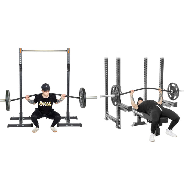 Two people use the Bells of Steel USA Specialty Bar Bundle in a white gym: one does a back squat with a trap/hex bar, while the other performs a bench press. Both lifts utilize specialty barbells from the bundle.