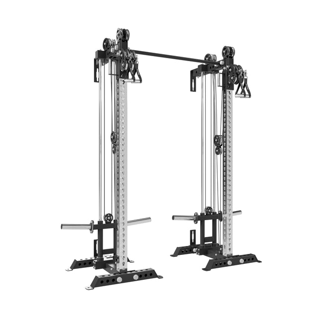 The Bells of Steel USA Oblivyon Tower - 3" x 3” Cable Tower Squat Stands features dual adjustable pulleys, two vertical columns, handles, and a pull-up bar for versatile strength training and cable exercises.