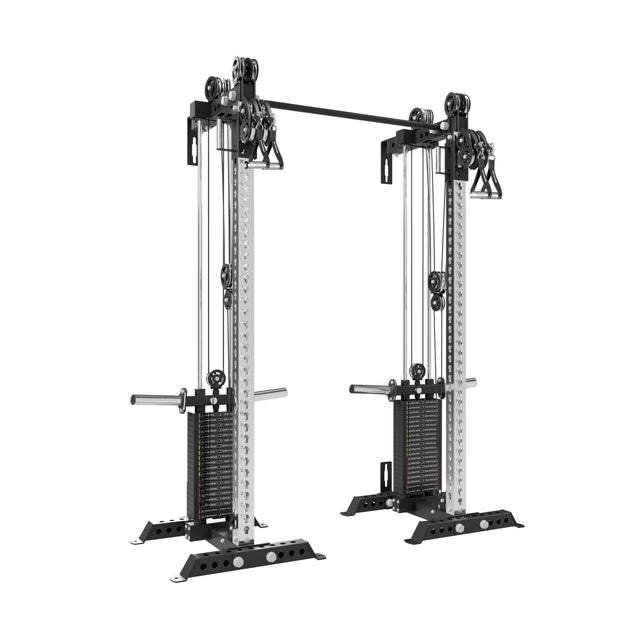 The Bells of Steel USA Oblivyon Tower - 3" x 3” Cable Tower Squat Stands features adjustable pulleys, weight stacks, and handles for versatile strength workouts—ideal for pairing with your garage gym setup.