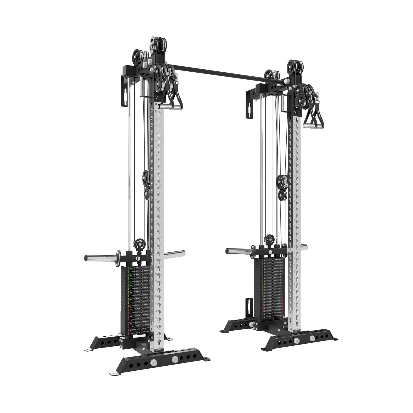 The Bells of Steel USA Oblivyon Tower - 3" x 3” Cable Tower Squat Stands features adjustable pulleys, weight stacks, and handles for versatile strength workouts—ideal for pairing with your garage gym setup.