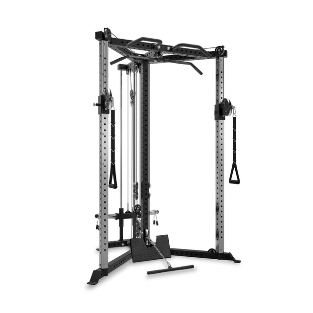 The Bells of Steel All-in-One Trainer is a versatile cable machine gym station with adjustable pulleys and multiple attachments, featuring black and silver metal construction—ideal for any home gym strength training setup.