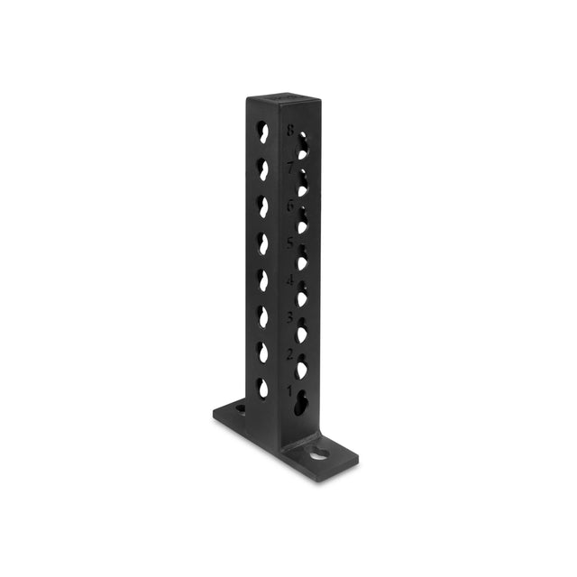 The Bells of Steel USA Rack Junctions - 3" x 3" is a black metal upright bracket with multiple numbered holes and a flat base, ideal for customizable rack setups or securing fitness equipment in your home gym.